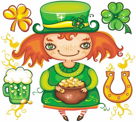 simsearch:400-04316567,k - Set contains St. Patrick's Day symbols: Leprechaun girl with pot of gold, four leaf clover, golden shamrock, green, beer,  horseshoe. Foto de stock - Royalty-Free Super Valor e Assinatura, Número: 400-04167002