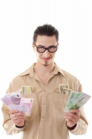 young man in crumpled casual shirt  hold out euro banknotes while more cash in his pockets, white background Stock Photo - Budget Royalty-Free & Subscription, Code: 400-04167038