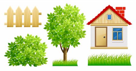 simsearch:696-03396844,k - elements of green garden with house and fence - vector illustration, isolated on white background Stock Photo - Budget Royalty-Free & Subscription, Code: 400-04167335