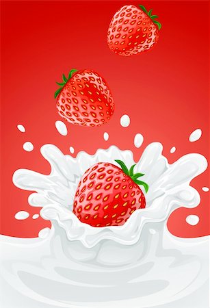 red strawberry fruits falling into the milky splash - vector illustration Stock Photo - Budget Royalty-Free & Subscription, Code: 400-04167333