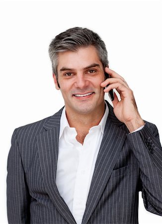 simsearch:400-07820348,k - Smiling businessman on phone against a white background Photographie de stock - Aubaine LD & Abonnement, Code: 400-04168015