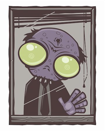 simsearch:400-04203876,k - Sad little office zombie with big green eyes staring out of his window with his hand pressed against the glass. Stock Photo - Budget Royalty-Free & Subscription, Code: 400-04168156