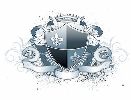 Vector illustration of heraldic shield or badge with crown, banner, grunge and floral elements Stock Photo - Budget Royalty-Free & Subscription, Code: 400-04168163