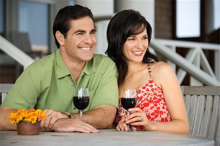 portrait photo of people socialising in a cafe - Man and woman are seated at an outdoor cafe, looking to the side while holding glasses of wine. Horizontal shot. Stock Photo - Budget Royalty-Free & Subscription, Code: 400-04168867