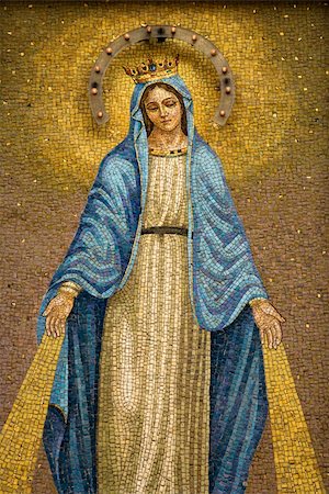 Mosaic of the Virgin Mary wearing a crown with device to give off light at night. Vertical shot. Stock Photo - Budget Royalty-Free & Subscription, Code: 400-04168968