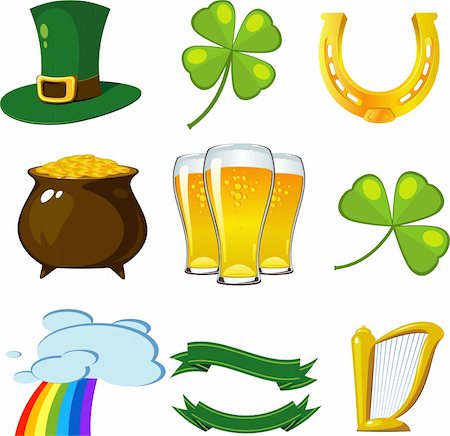 simsearch:400-04316567,k - St. Patrick's Day set: leprechaun hat, four-leaf clovers, golden horseshoe, pot of coins, beer, trifoliate clover, rainbow, banners, harp. Foto de stock - Royalty-Free Super Valor e Assinatura, Número: 400-04169311