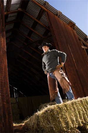 Attractive young man wearing a cowboy hat while standing confidently on top of hay bales. Vertical shot. Stock Photo - Budget Royalty-Free & Subscription, Code: 400-04169384