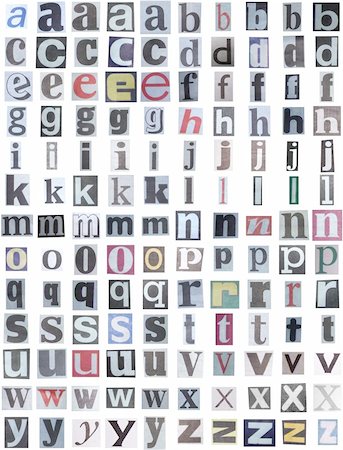 simsearch:400-04823707,k - Newspaper alphabet lower case over a white background Stock Photo - Budget Royalty-Free & Subscription, Code: 400-04169853