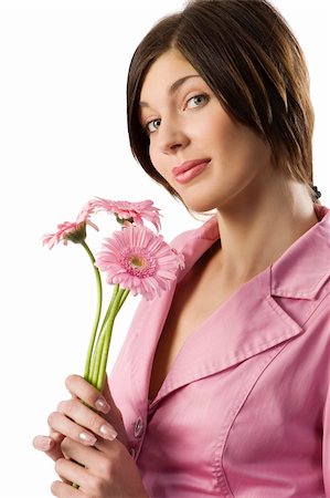 simsearch:400-04667271,k - nice shot of a cute young woman with pink jacket and pink flowers making face Stock Photo - Budget Royalty-Free & Subscription, Code: 400-04160036