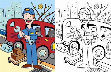 Professional repairman cartoon character with tools of the trade - color and black/white versions. Photographie de stock - Aubaine LD & Abonnement, Code: 400-04160580