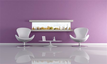 purple lounge with narrow horizontal window - rendering- the image on back ground is a my photo Stock Photo - Budget Royalty-Free & Subscription, Code: 400-04160605