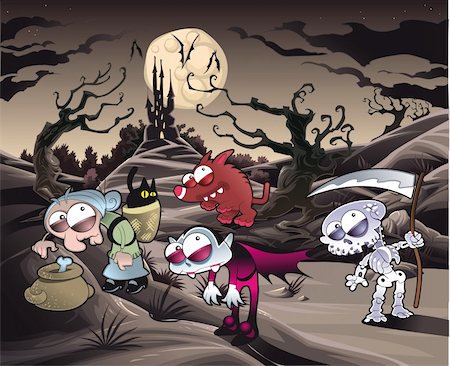 scene cartoons characters - Horror landscape with characters. Cartoon and vector illustration. Stock Photo - Budget Royalty-Free & Subscription, Code: 400-04160900