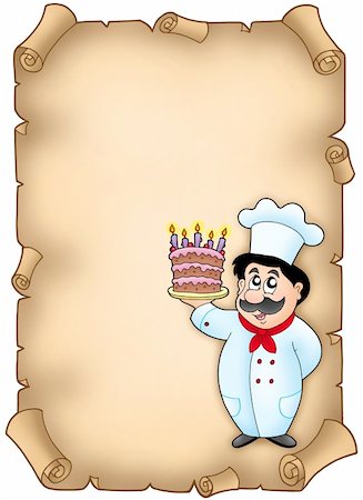 simsearch:400-04268513,k - Parchment with chef holding cake - color illustration. Foto de stock - Super Valor sin royalties y Suscripción, Código: 400-04161045