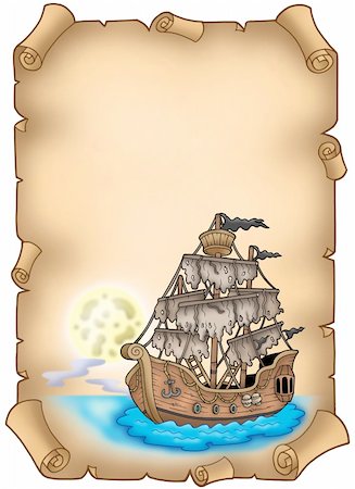 sailing artwork - Old scroll with mysterious ship - color illustration. Stock Photo - Budget Royalty-Free & Subscription, Code: 400-04161042