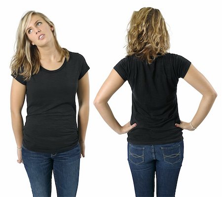 shirt front back model - Young beautiful blond female with blank black shirt, front and back. Ready for your design or logo. Stock Photo - Budget Royalty-Free & Subscription, Code: 400-04161752