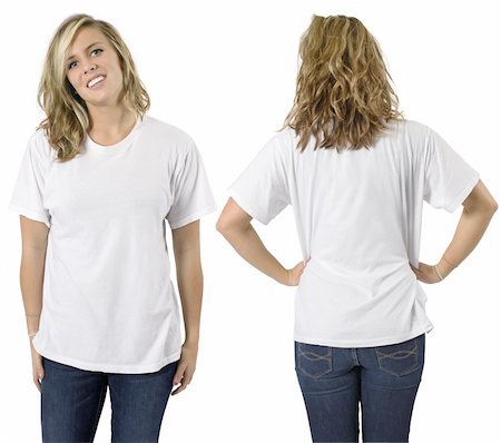 shirt front back model - Young beautiful blond female with blank white shirt, front and back. Ready for your design or logo. Stock Photo - Budget Royalty-Free & Subscription, Code: 400-04161815