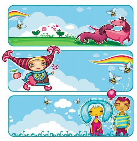 simsearch:400-08403591,k - A set of colorful Valentine banners: Funny playful dogs, Cute girl with a heartshaped lollipop, A couple in love on a date.  Beautiful backgrounds with rainbow, birds, bees, flowers Stock Photo - Budget Royalty-Free & Subscription, Code: 400-04162149