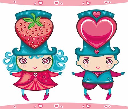 Cute vector characters - Sweet Valentine couple: boy and girl wearing top hats with big hearts. Stock Photo - Budget Royalty-Free & Subscription, Code: 400-04162141