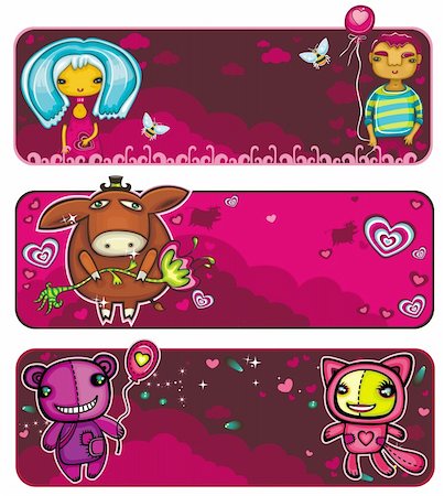 simsearch:400-04299195,k - A set of colorful Valentine banners: A couple in love on a date, Cute donkey with a flower, funny anumals bear and cat on date  Beautiful backgrounds with sunset sky, birds, bees, flowers Stock Photo - Budget Royalty-Free & Subscription, Code: 400-04162150