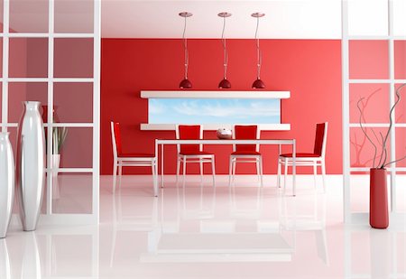 diner floor - contemporary red dining room - rendering - the image on background is a my photo Stock Photo - Budget Royalty-Free & Subscription, Code: 400-04162210