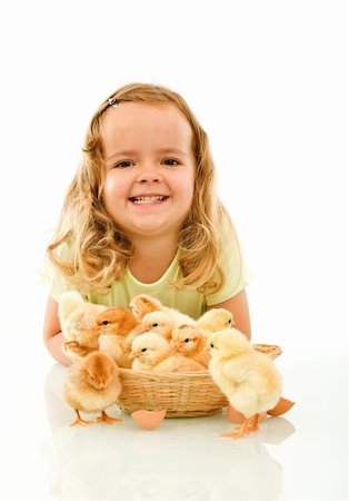 simsearch:400-04621574,k - Happy girl with her Easter baby chickens - isolated with reflection Stock Photo - Budget Royalty-Free & Subscription, Code: 400-04163162