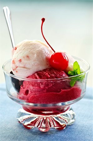 Dish of ice cream with cherry on top and spoon Stock Photo - Budget Royalty-Free & Subscription, Code: 400-04163240