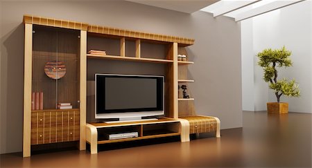 elegant tv room - 3d interior with modern bookshelf with TV Stock Photo - Budget Royalty-Free & Subscription, Code: 400-04163487