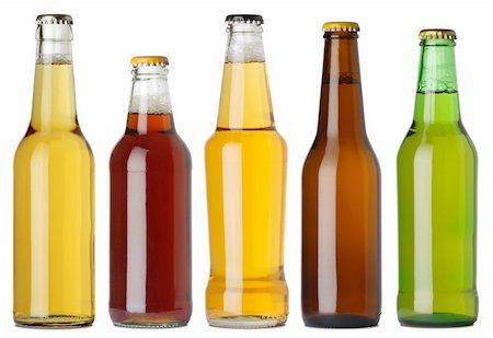 Photo of five different full beer bottles with no labels. Separate clipping path for each bottle included. Five separate photos merged together. Stock Photo - Budget Royalty-Free & Subscription, Code: 400-04163711