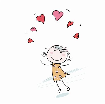 Small girl with red hearts isolated on white background. Vector  Illustration in vintage doodle style. Stock Photo - Budget Royalty-Free & Subscription, Code: 400-04163741