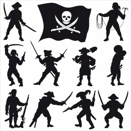 Silhouettes of pirates of members crew with jolly roger flag. Foto de stock - Super Valor sin royalties y Suscripción, Código: 400-04163964