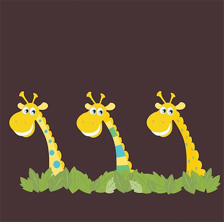 Yellow safari giraffes behind jungle leafs. Vector cartoon illustration of funny animals in retro style. Stock Photo - Budget Royalty-Free & Subscription, Code: 400-04174685