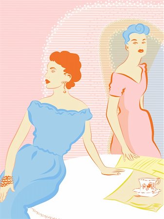 A retro inspired illustration of two women in dresses Stock Photo - Budget Royalty-Free & Subscription, Code: 400-04176163