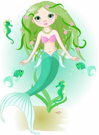 fantasy fish art - Vector illustration of a cute mermaid girl under the sea Stock Photo - Budget Royalty-Free & Subscription, Code: 400-04176184