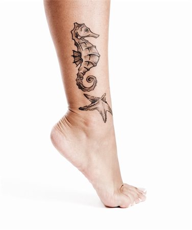Female leg with a sea horse tattoo, isolated on white Foto de stock - Super Valor sin royalties y Suscripción, Código: 400-04176329