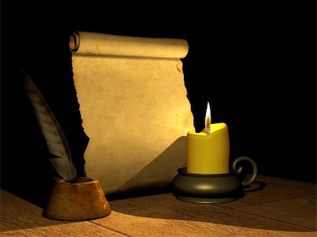 simsearch:614-01561575,k - Burning candle and the ancient manuscript. 3d Stock Photo - Budget Royalty-Free & Subscription, Code: 400-04176420
