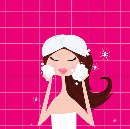 Stylish vector illustration of girl in pink bathroom cleaning her face. Perfect concept for spa, alternative medicine or beauty clinic. Stock Photo - Budget Royalty-Free & Subscription, Code: 400-04176537