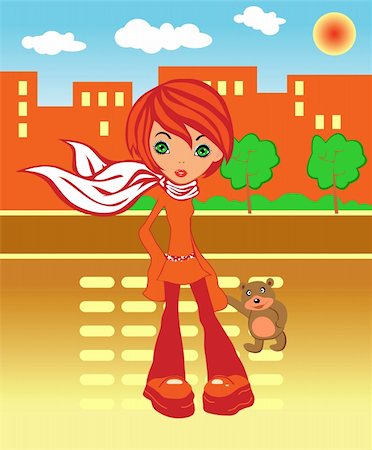 A vector illustration of a teenage girl walking in a city holding teddy Stock Photo - Budget Royalty-Free & Subscription, Code: 400-04176736
