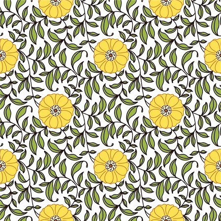 A hand-drawn seamless pattern of flowers and leaves.  Each color can be easily edited. Stock Photo - Budget Royalty-Free & Subscription, Code: 400-04177119