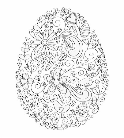 decorative flowers and birds for greetings card - Egg shape hand-drawn greeting card design with floral, bird and vine elements.  Colors are grouped and easily editable. Photographie de stock - Aubaine LD & Abonnement, Code: 400-04177195