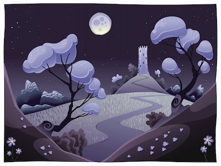 dark moon with clouds - Landscape with tower in the night. Funny cartoon and vector illustration. Photographie de stock - Aubaine LD & Abonnement, Code: 400-04177266