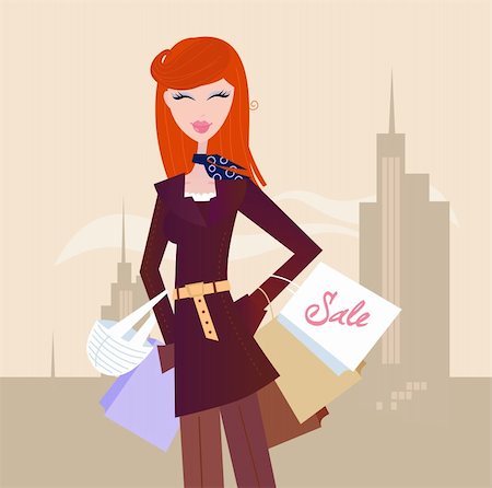 Elegant woman with shopping bags in the city. Vector fashion illustration. Foto de stock - Super Valor sin royalties y Suscripción, Código: 400-04177262