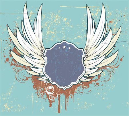 simsearch:400-04747279,k - Vector illustration of grunge frame or badge  with two wings and floral elements Stock Photo - Budget Royalty-Free & Subscription, Code: 400-04177444