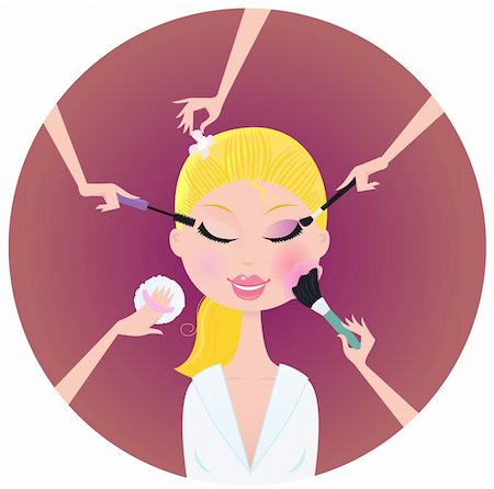 Beautiful blond woman in beauty salon. Mascara, blush sponge, powder and eye shadows - best way for perfect look! Stylized vector illustration. Stock Photo - Budget Royalty-Free & Subscription, Code: 400-04177710