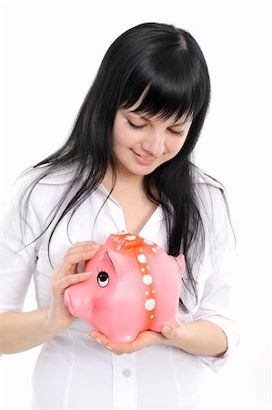 Young beautiful woman standing with piggy bank (money box), isolated on white background Stock Photo - Budget Royalty-Free & Subscription, Code: 400-04178411
