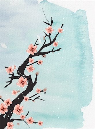 chinese painting of plum on the blue background Stock Photo - Budget Royalty-Free & Subscription, Code: 400-04179365