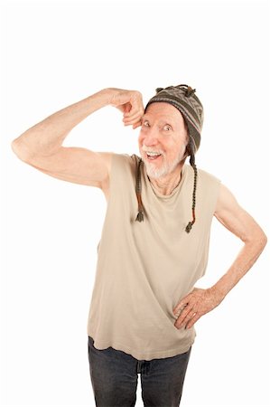 simsearch:400-04671075,k - Eccentric senior man in knit cap flexing his muscle Stock Photo - Budget Royalty-Free & Subscription, Code: 400-04170545