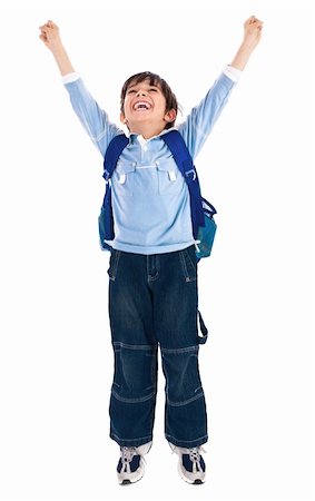 student jumping to school - school boy raising his hands up wearing school bag on isolated background Stock Photo - Budget Royalty-Free & Subscription, Code: 400-04171485