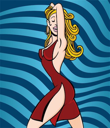 Cartoon of a pretty blond woman dancing in a red dress with a patterned background. Photographie de stock - Aubaine LD & Abonnement, Code: 400-04171825