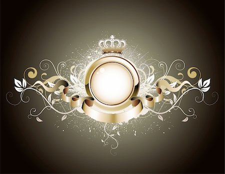 Vector illustration of golden heraldic frame or badge with crown, banner and floral elements Stock Photo - Budget Royalty-Free & Subscription, Code: 400-04171851