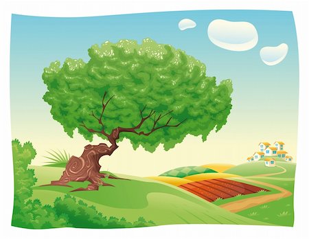 ddraw (artist) - Countryside with tree. Vector and cartoon landscape. Objects isolated. Stock Photo - Budget Royalty-Free & Subscription, Code: 400-04171880